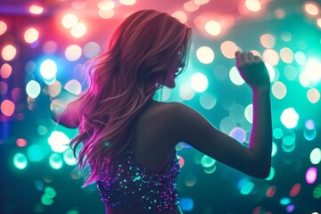 Woman enjoying a party with colorful lights and bokeh effect.