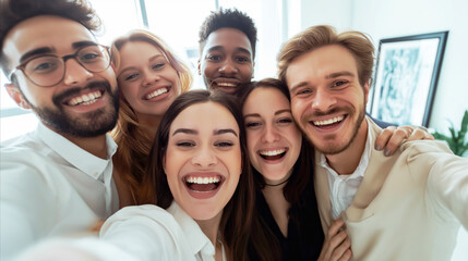 A candid moment captured as a diverse group of friends gather to take a selfie at a social gathering.