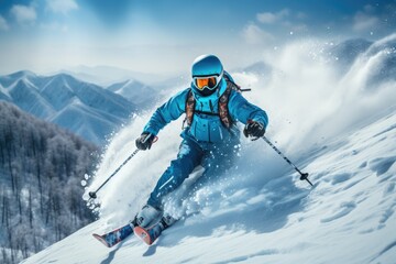 Naklejka na ściany i meble man skiing in mountains. Active adult with safety helmet, goggles and poles. ai generated