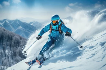 Foto op Canvas man skiing in mountains. Active adult with safety helmet, goggles and poles. ai generated © Andrei