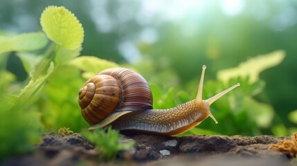 Snail on Soil with Green Leaves