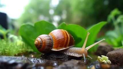 Snail on Soil with Green Leaves