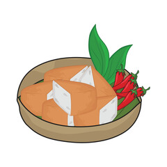 brown tofu cube with chili in bowl illustration