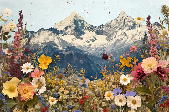 collage of vintage snowy mountain range with cut out flowers 