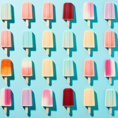 A vibrant display of colorful popsicles illuminating a serene blue background, creating a whimsical design that will delight the senses