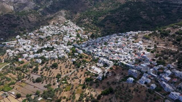 Panoramic aerial view of the beautiful village Filoti in the mountain landscape of Naxos island, Cyclades, Greece