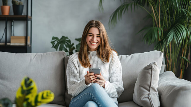 A woman sits comfortably on a couch while holding a cell phone, staying connected and relaxed.