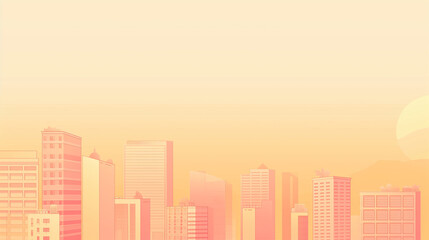 A minimalist cityscape landscape illustration with soft pastel sunset colors. Copy space.