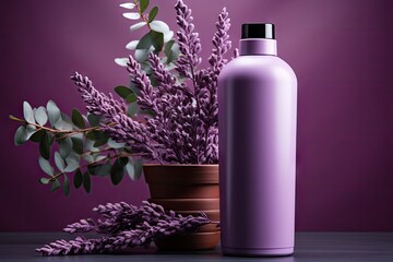 Obraz na płótnie Canvas A purple bottle with purple plant on a purple background