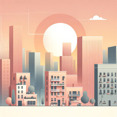 A minimalist cityscape illustration with soft pastel sunset colors.