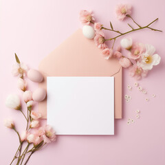 An elegant invitation nestled in a delicate envelope adorned with vibrant pink blossoms, evoking a sense of warmth and romance against an indoor wall backdrop