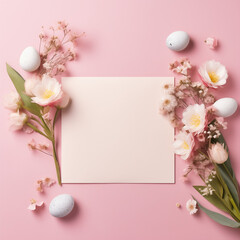 Naklejka na ściany i meble A whimsical display of new beginnings, with delicate pink flowers and vibrant eggs adorning a crisp white square, capturing the essence of spring in an indoor oasis