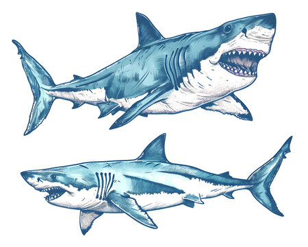 Stylized drawing of a great white shark. Isolated drawing with predatory fish. 