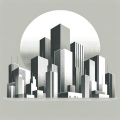 A minimalist cityscape illustration in a monochromatic grey scale. 