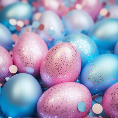 Fototapeta na wymiar An enchanting gathering of vibrant easter eggs, varying in shades of pink and blue, resembling spheres of new life and renewal
