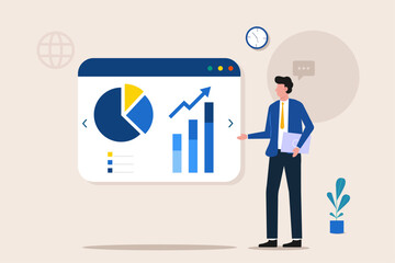 businessman stock market presenting, analytics or marketing at workplace,  vector flat minimalistic isolated illustration