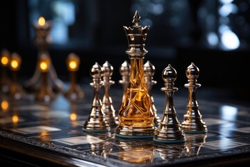 Assortment of chess pieces with dramatic scenery

