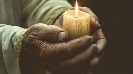 Hombre sujeta con dos manos una vela con cera fundida en semana santa como símbolo de oración. Ceremonia a la luz de las velas. - obrazy, fototapety, plakaty