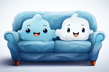 Childlike blue sofa with cute smiling cusion illustration