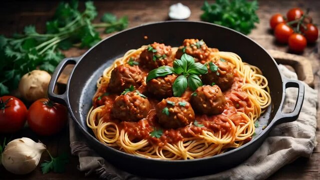 Delicious appetizing meatballs with spaghetti, tomato sauce in the kitchen