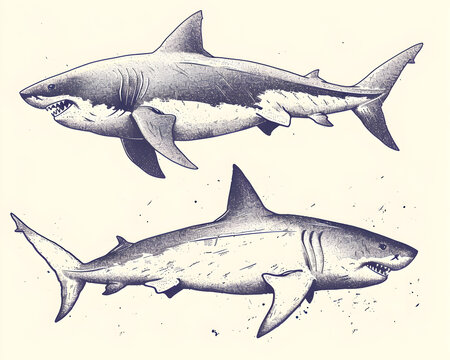 Prehistoric shark megalodon. Extinct predatory fish isolated drawing.