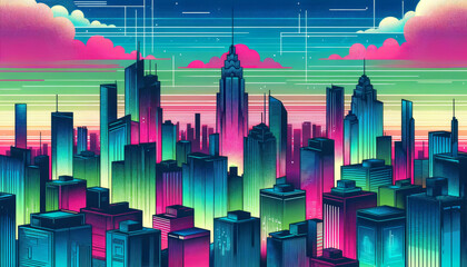 Illustration of a cityscape with neon colors and irregular, abstract building shapes.