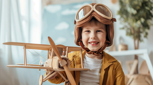A cheerful young boy proudly wearing a pilots helmet while holding a model airplane.