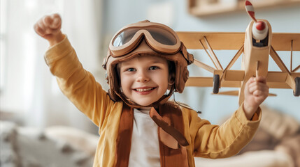 A young boy wearing a helmet and goggles grips a toy airplane enthusiastically.