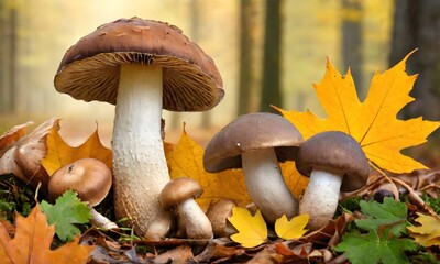 mushrooms and leaves in a beautiful autumn forest