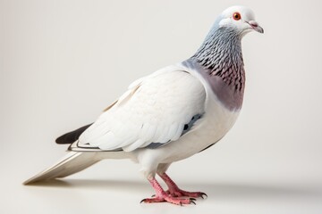 Obraz premium Closeup shot of a white pigeo standing on a white surface isolated