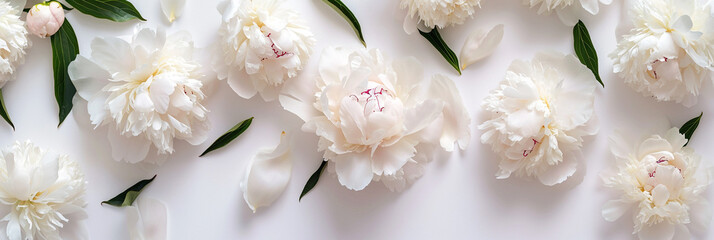 Beautiful pink peony flowers on light background. Flat lay style