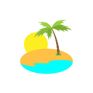 Tropics, palm trees, sun, beach, sea.