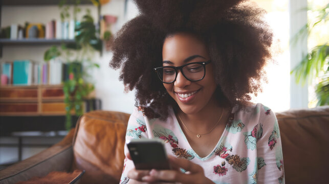 A woman is seated on a couch, engrossed in her cell phone.