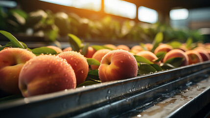 Fresh Peaches on Conveyor Belt, Ripe peaches on a processing line, illuminated by warm sunlight, highlighting fresh produce in agribusiness - obrazy, fototapety, plakaty