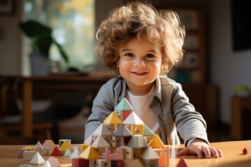 Adorable little boy playing with the toys in his room