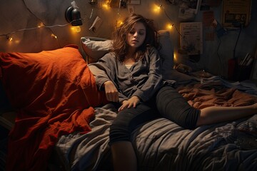 A young woman lying in the bed with barely illuminated room