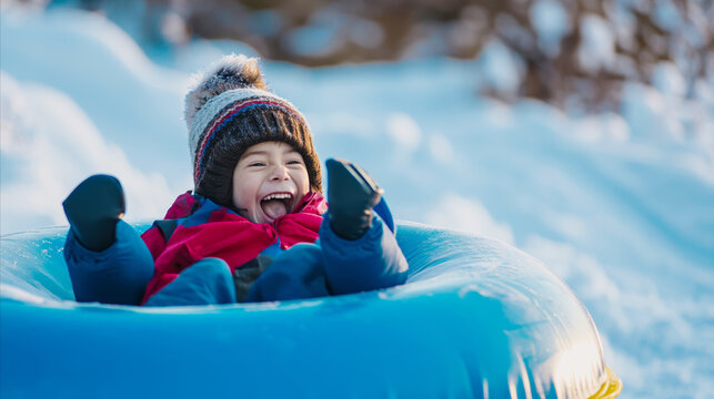 A young boy enjoys the thrill of riding a tube down a snow-covered slope.