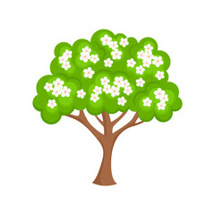 Blooming tree isolated on white background. Vector cartoon flat illustration of spring tree in flowers.