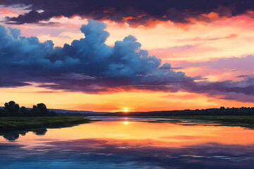 Fototapeta premium Evening sky over the river Sunset on the horizon