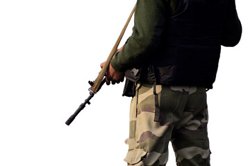 Security person army commando is standing against isolated white background with assault rifle