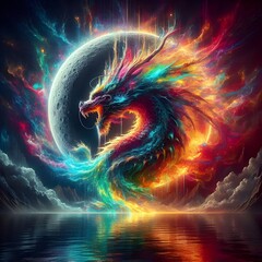 Dragon with glowing insident moon waterfall abstract bursting rainbow liquid.
 - obrazy, fototapety, plakaty