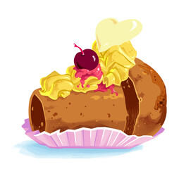 Babà al rum con crema pasticcera, amarene sciroppate, cuore di vaniglia. San Valentino. Pasticceria.