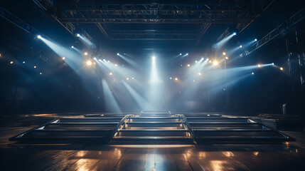 Concert Stage Lights, Empty concert stage dramatically illuminated by beams of light, waiting to welcome the energy of a live performance and an eager audience. - obrazy, fototapety, plakaty