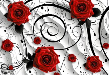Picture of red roses on white and black, in the style of spirals and curves, plasticien, red, romantic scenery, glossy finish, 8k resolution, dotted.