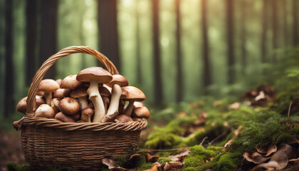 Basket with fresh porcini mushrooms in forest. Copy space - obrazy, fototapety, plakaty
