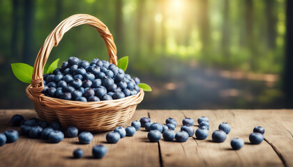 Blueberries basket on wooden table in sunny forest background. Copy space