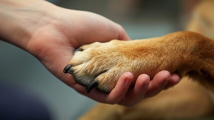 Generative AI, veterinarian hand is holding dog's claw. Dog's paw in human's hand. Domestic pet
 - obrazy, fototapety, plakaty