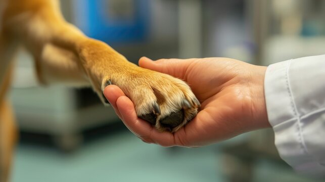 Generative AI, veterinarian hand is holding dog's claw. Dog's paw in human's hand. Domestic pet

