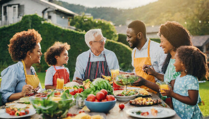 Big Family and Friends Celebrating Outside at Home. Diverse Group of Children, Adults and Old People Gathered at a Table, Having Fun Conversations. Preparing Barbecue and Eating Vegetables