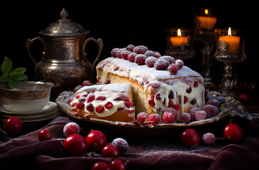 Cranberry Drizzle Cake, decadent cake topped with white icing and cranberries, presented on a vintage tray with a backdrop of candles and antique teapot